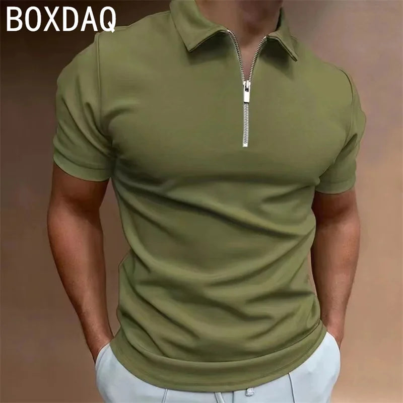 Men's Solid Color Polo shirt Fashion Casual Short Sleeve Lapel Zip Collar Sport Polos Men's Summer High Quality Harajuku Tops