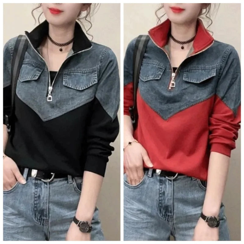 Women's Spring New Casual Half Zipper Denim Splicing Korean Version Loose Everything Shirt Contrast Color Stand Collar T-Shirts
