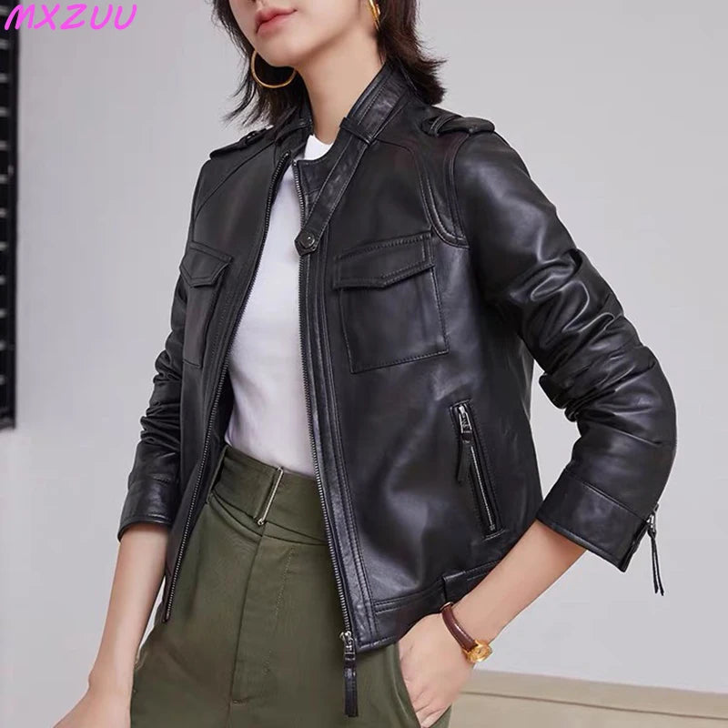 Autumn Clothes Women Genuine Sheepskin Short Locomotive Jaqueta Feminina Stand Collar Slim Vintage Versatile Brown Leather Coat