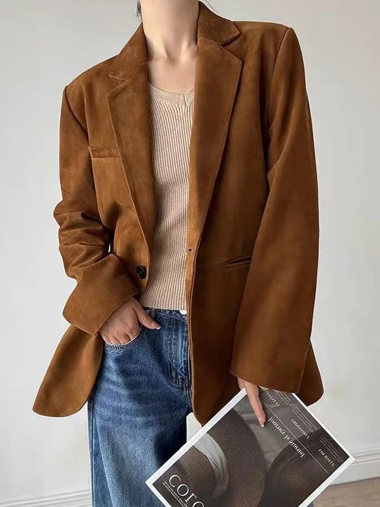 Top layer Suede Suit Jacket for Women 2025 Luxury Imported Kid Suede 100% Leather One Button Back Cut Coat Linda Fuchsia Ceket