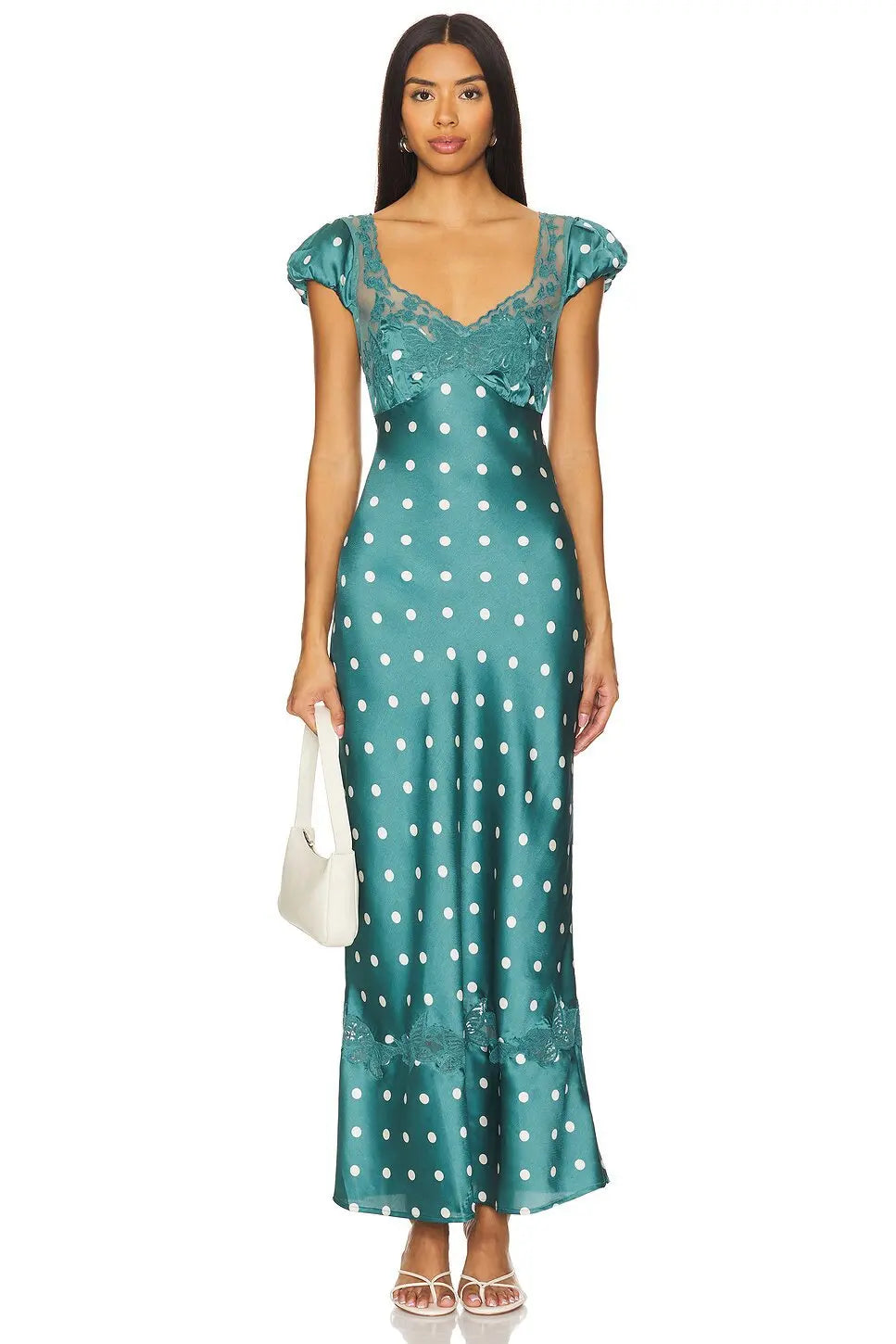 Luxurious Silk Satin Long Dress Elegant Puff Sleeve Polka Dot Floral Gown Sexy Open Back Midi Dresses for Evening Cocktail