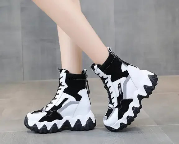 2024 Women Thick Sole Ankle Boots Autumn Luxury Platform Casual Boots Women's 8cm High Heels Wedge Boots Shoes Woman Sneakers