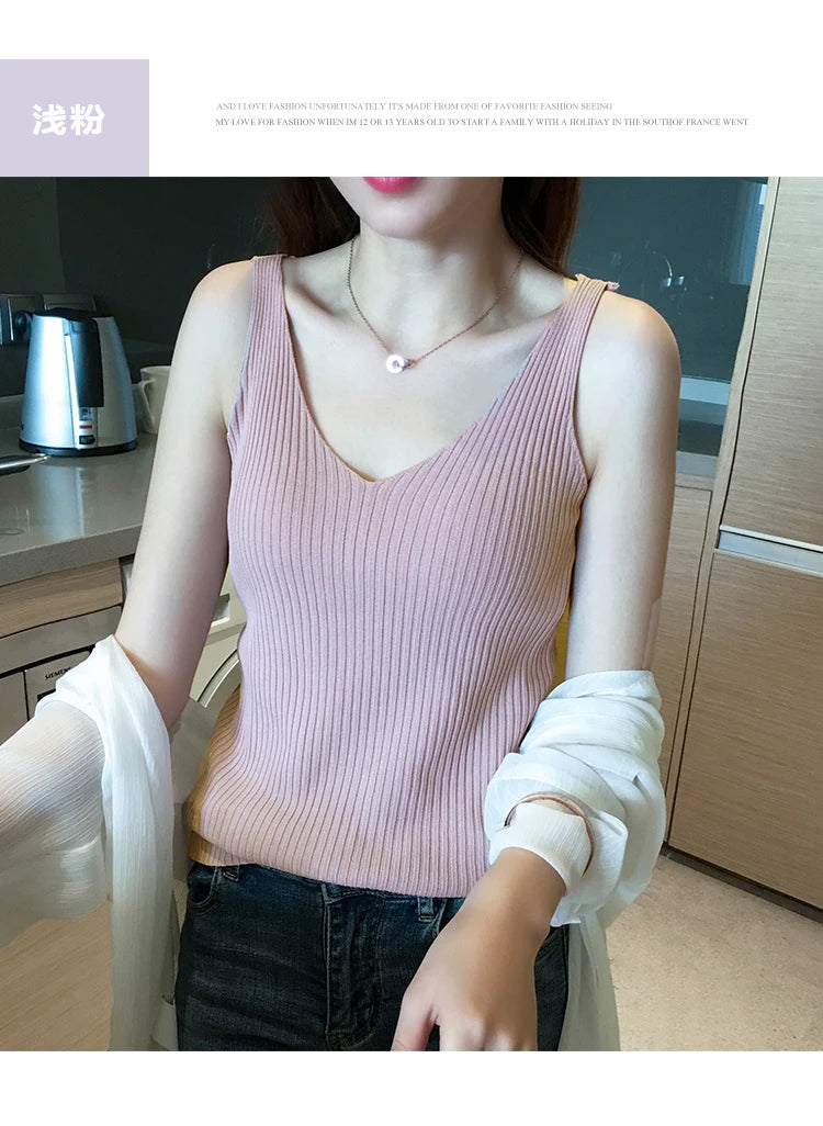 Summer Casual Tank Top Women Sleeveless Knitted T-Shirts Female Elastic Slim Vests Crop Tops Tanks & Camis Pullover Shirts