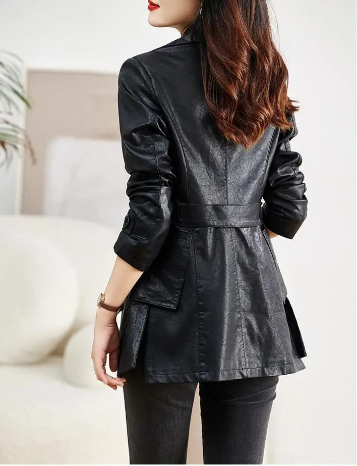 Turn-down Collar Genuine Leather Jacket Women Korean Fashion Slim Sheepskin Coat Black Real Leather jackets ladies Casual Blazer