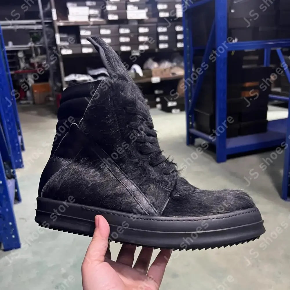 Ro Luxury Men Ankle Boot Black Horsehair Boots Women Sneaker Horse Hair High Top Shoe  Casual Shoes Zipper Sneakers