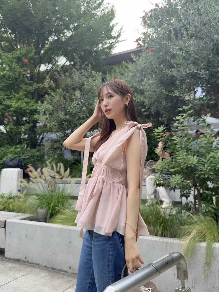 Women's Tops Summer Bow Tie Sweet Elegant Blouse Femme V Neck Shirt Waist-Cinching Japanese Style Sleeveless Chiffon Blouse