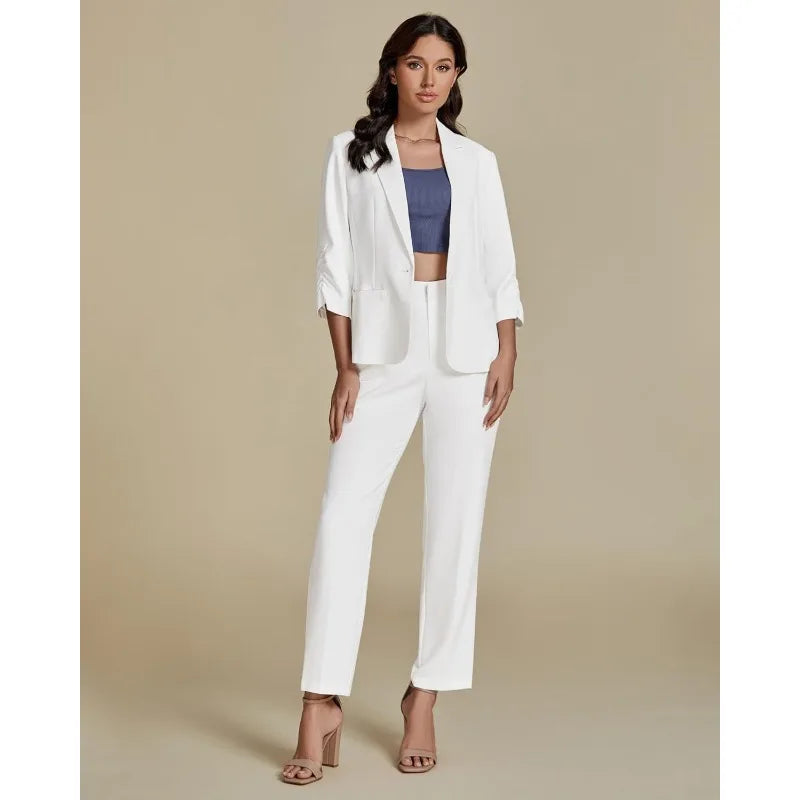 Pant Suits for Women Dressy 2 Piece Business Casual Outfits 3/4 Sleeve Blazer Straight Leg Pant Sets Office Work
