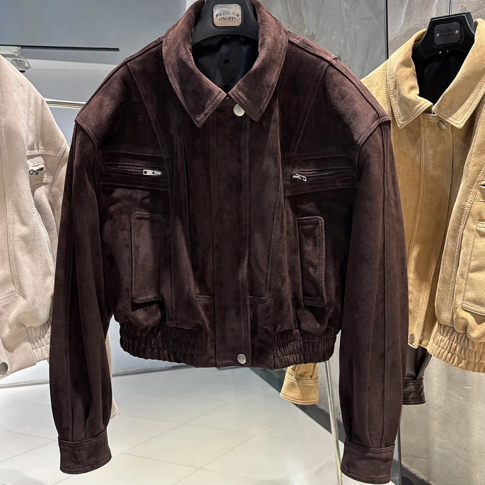 YOLOAgain 2025 Autumn Oversized Suede Jacket Women Real Leather Bomber Jacket Female