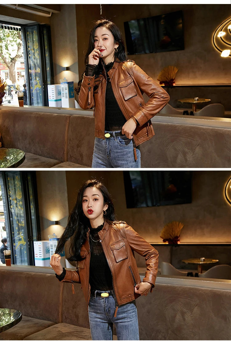 Autumn Clothes Women Genuine Sheepskin Short Locomotive Jaqueta Feminina Stand Collar Slim Vintage Versatile Brown Leather Coat