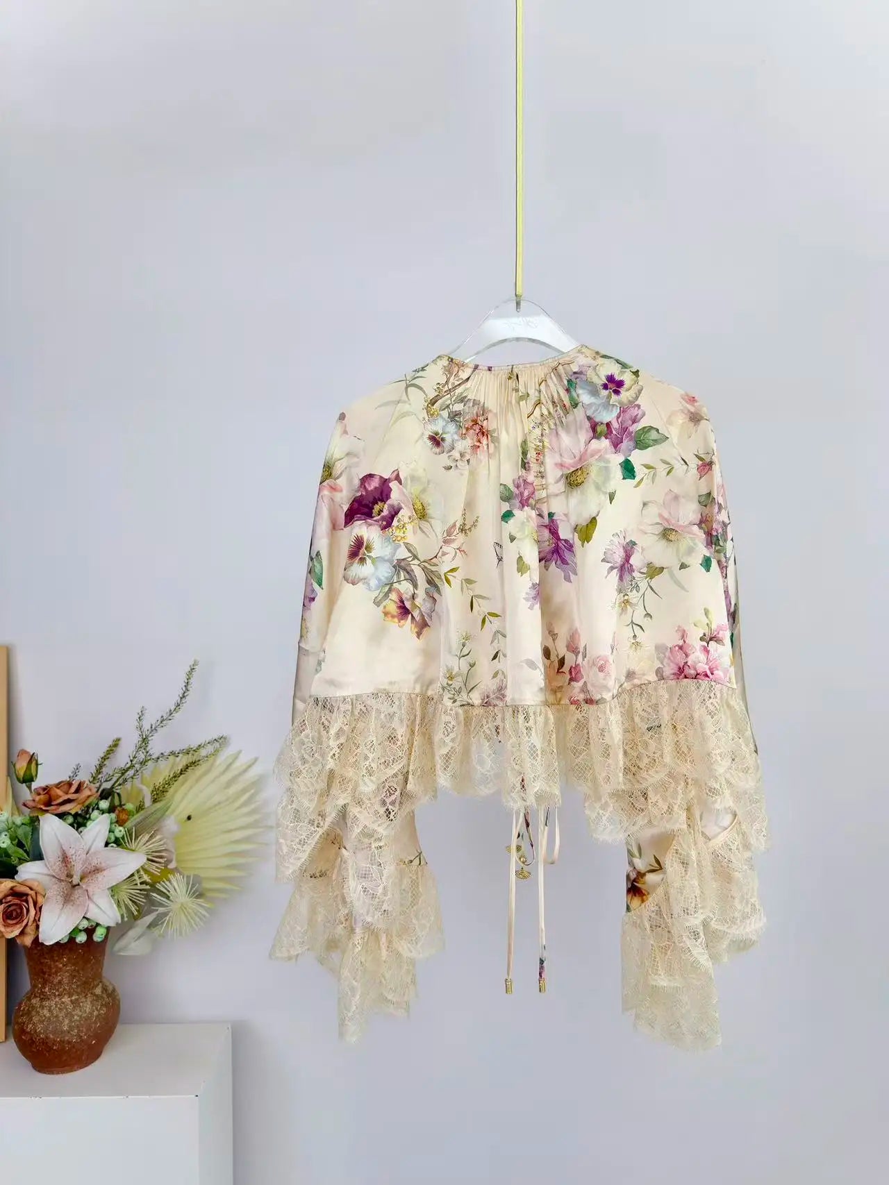 Women Silk Flower Printed Long Dress Heavy Beaded V-Neck Lantern Sleeve Loose Female dress
