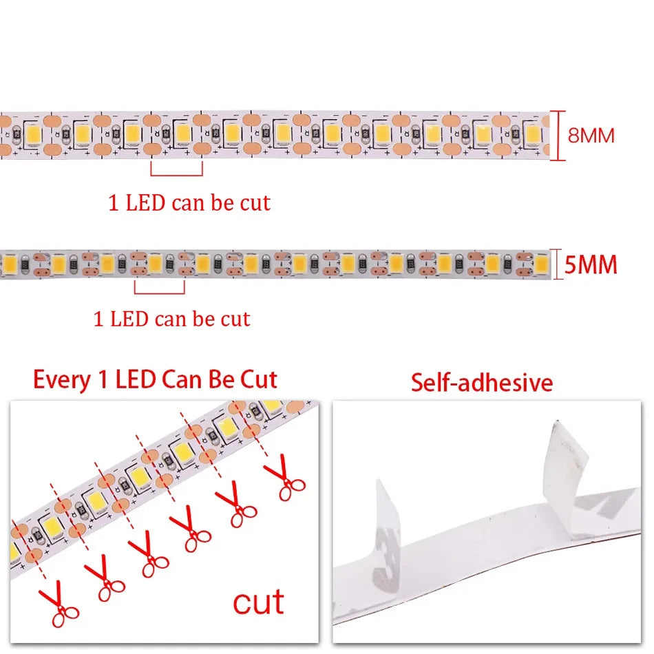 2835 LED Strip light 24V 120LEDs/m 1 LED Cut Super Bright  5mm 8mm PCB Flexible Tape LED Light  White/Natural White 1-10M