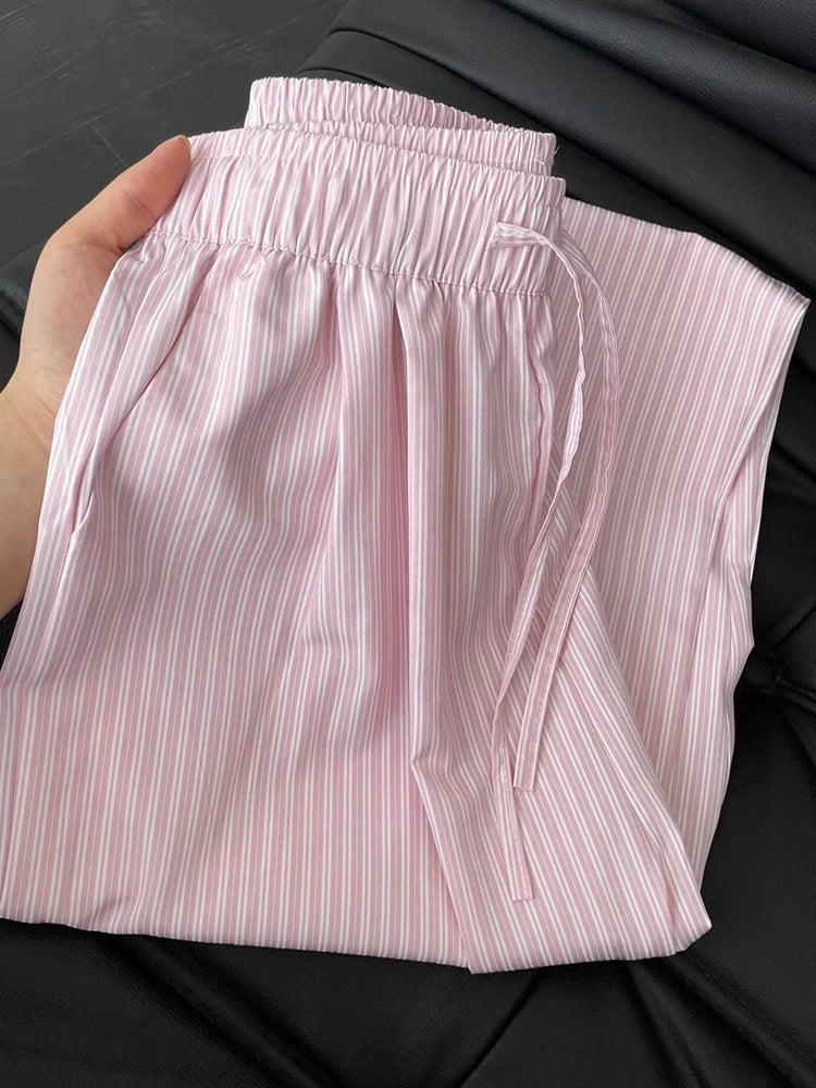 Blue Ice Silk Stripe Pants Women's Casual Summer Spring Wide Leg Pants Small Size Sembach Trousers High Waist Loose Fit