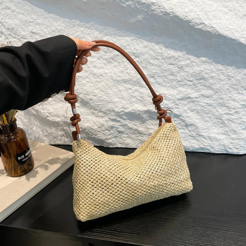 Women Woven Bag Summer Beach Holiday Handbag Portable Tote Bag Fashion Casual Big Capacity Leather Rope Women Shoulder Bags