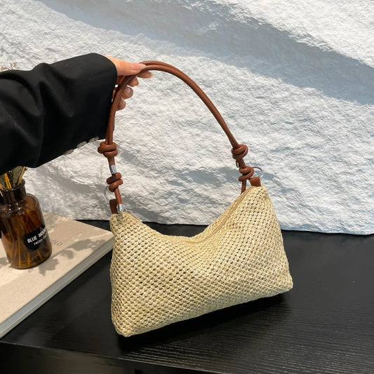 Women Woven Bag Summer Beach Holiday Handbag Portable Tote Bag Fashion Casual Big Capacity Leather Rope Women Shoulder Bags
