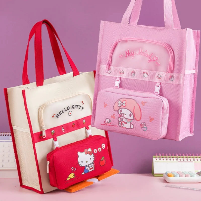 Sanrio Characters Library Tote Bags School Bag Large Capacity Students Canvas Storage File Bag Tutoring Handbag