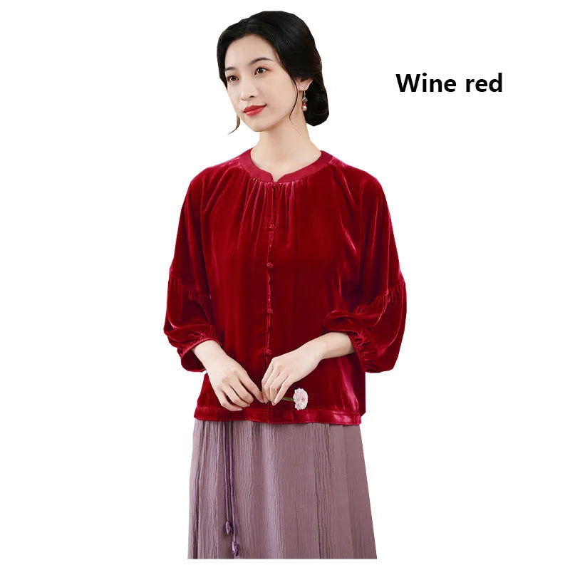 Silk Velvet Shirt for Women, Elegant Temperament Shirt, Mulberry Silk, Vintage Blouse, Violet Light, Comfortable, Spring Autumn