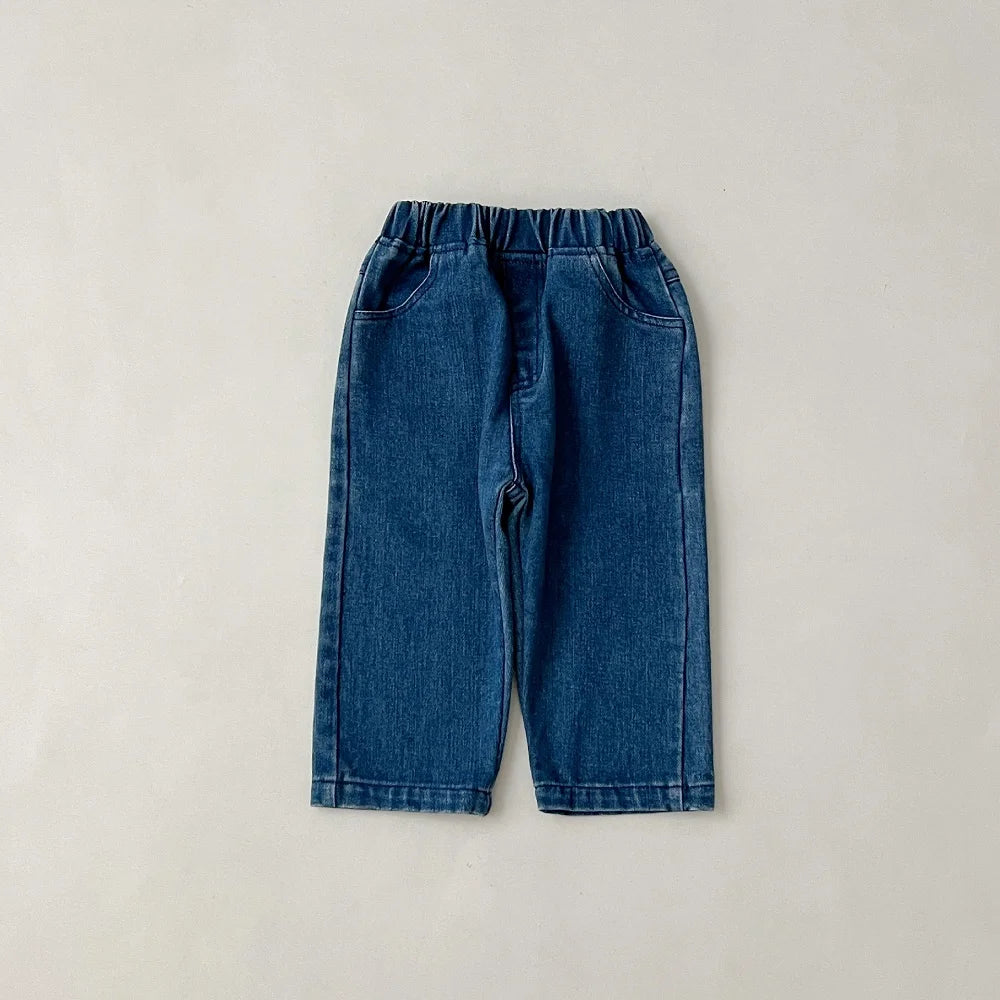 Baby clothes 2025 new children's solid color long sleeved denim set, boys and girls cardigan long pants casual sports two-piece