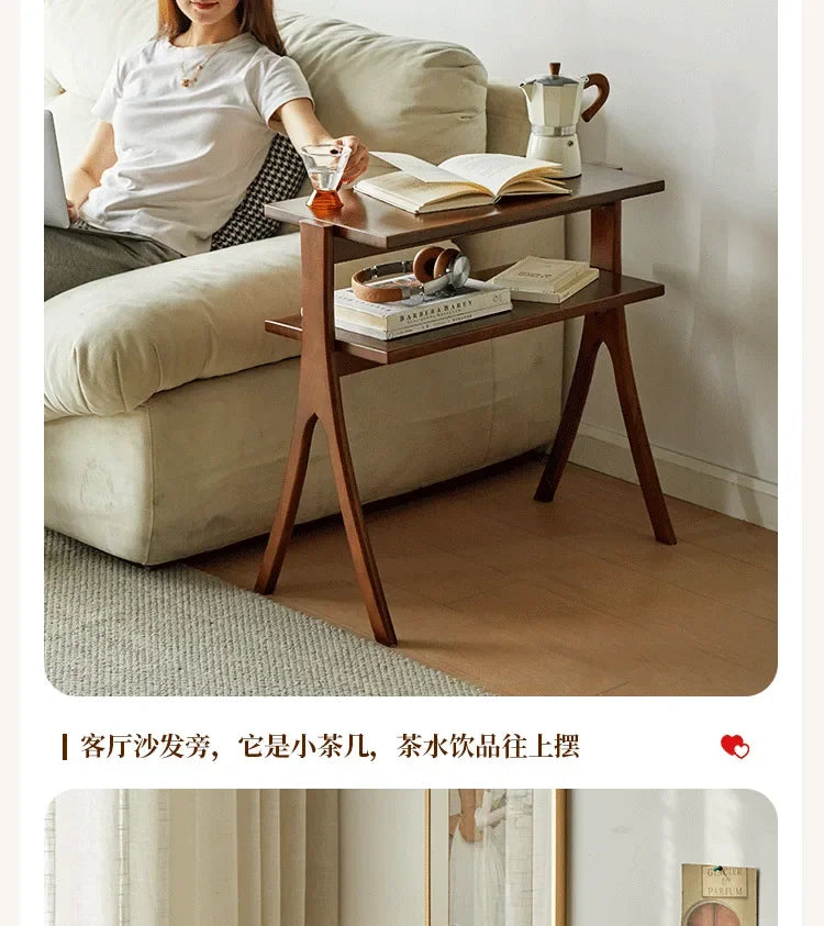 Walnut Solid Wood Middle Ancient Style Sofa Corner Shelf Narrow Cabinet Floor Bookshelf for Small Living Room Storage
