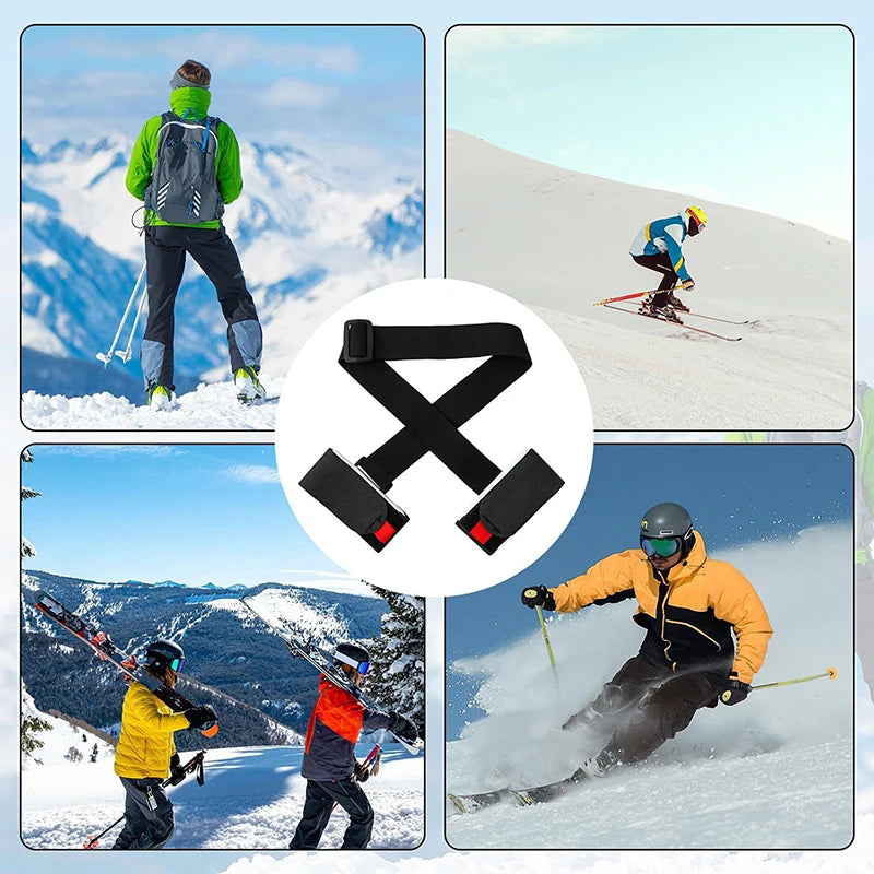 Ski Pole Shoulder Carrier with Hand Lash, Adjustable Buck Hook Straps, Durable Nylon Loop, Comfortable Black Ski Handle Strap