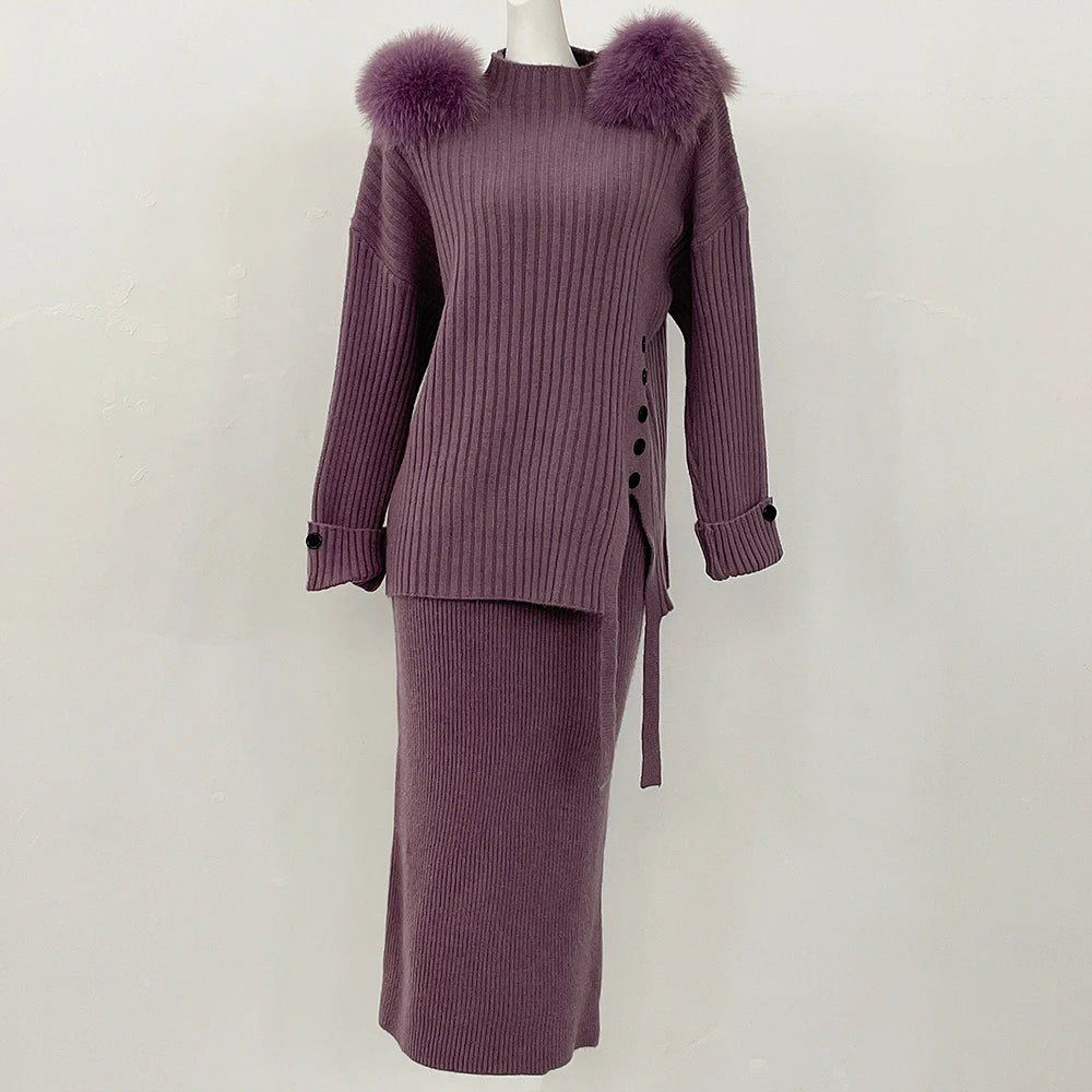 Sweater Set Warm suit Women Winter Knitted Suits two Piece Set Natural fox fur collar Sweater + Loose Trousers Office Lady Suit