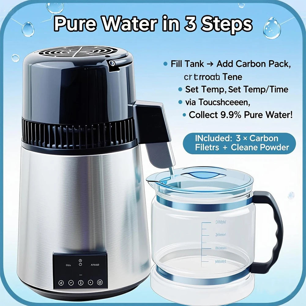 4L Water Distiller Purifier Filter For Three screen touch Display Stainless Steel Cooler Office Home Use Prevent Burning Dry