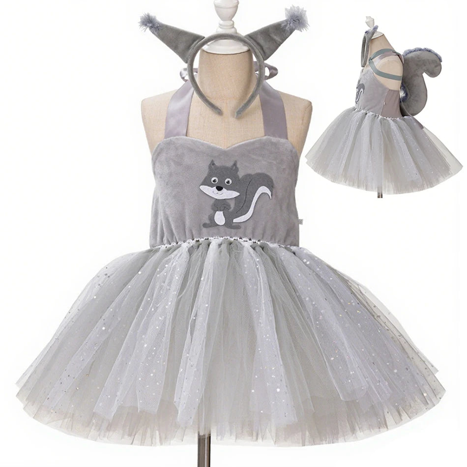 Girl Cartoon Raccoon Sloth Koala Piggy Rabbit Tutu Sling Dress Children Cosplay Festival Performance Dance Costume Headband Sets