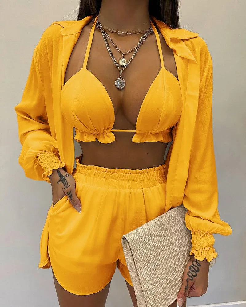 2024 New Bathing Suit Shorts Cover Up Summer Three Pieces Swimwear Sexy Beachwear High Waist Bikini Set Print Women's Swimsuit