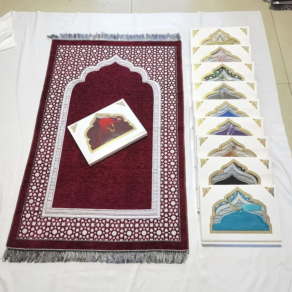 Islamic Gifts 70x110cm Muslim Prayer Rug Non-slip Foldable Prayer Mat Set Rectangle with Prayer Beads Janamaz Sajadah Travel
