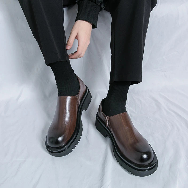 Spring New Men's Side Zipper Comfortable Cowhide Oxford Shoes Fashion Brand Classic Brown Men's Breathable Casual Leather Shoes