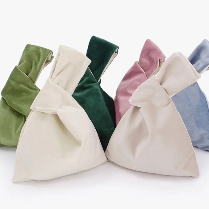 Women  Knot Wrist Bag Handmade Casual Knit Handbag Soft Velvet Tote Bag Student Reusable Shopping Bags Woman Cosmetics Bag