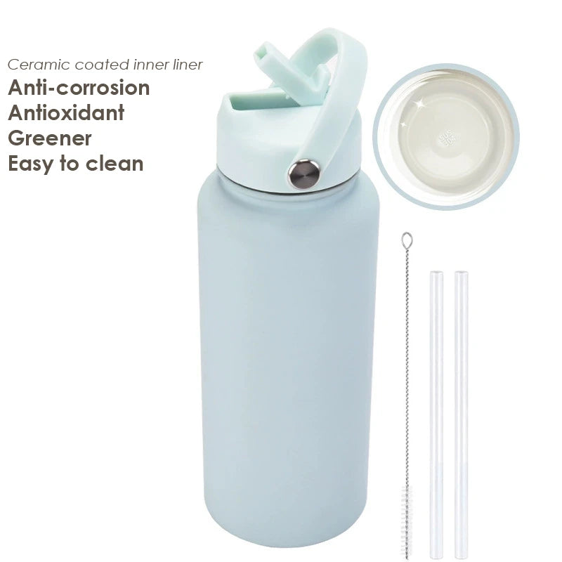 1000ML Water Bottle With Straw Lid Vacuum Insulated FlaskThermos Tumbler Ceramic Anti-Corrosion Coating Custom Gifts