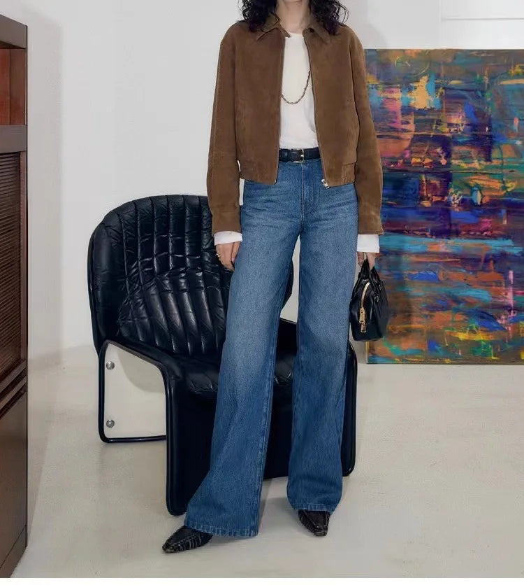New Goatskin Suede Jacket Autumn Women Coffee Vintage Fashion Maillard Old Money Style Lapel Slim Short Genuine Leather Coat