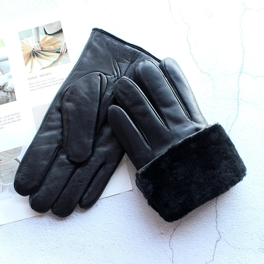 Winter Thick Sheepskin Fur Lining Warm Goatskin Gloves Men's Deerskin Pattern Leather Sheep Shearing Cold-Proof Finger Gloves