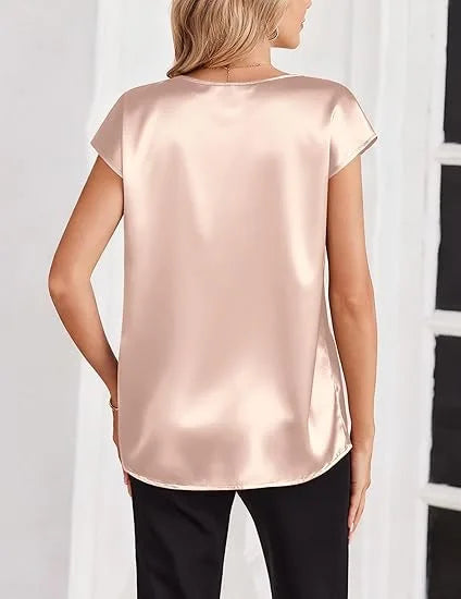 Women's Summer New T-shirt Casual V-Neck Short Sleeve Blouse Business Casual Tops Satins Silk Summer Shirt Work Solid Color Tops