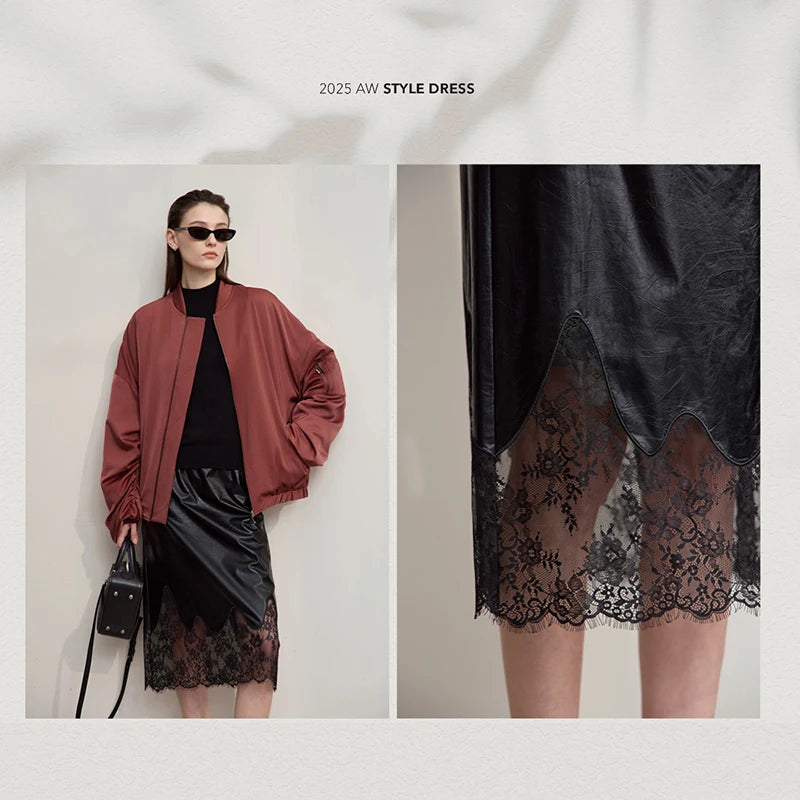 AMII Women's Skirt 2025 Autumn New Minimalist Versatile Clothing Ladies Leather Splicing Lace Solid A-line Midi Skirt 12543095
