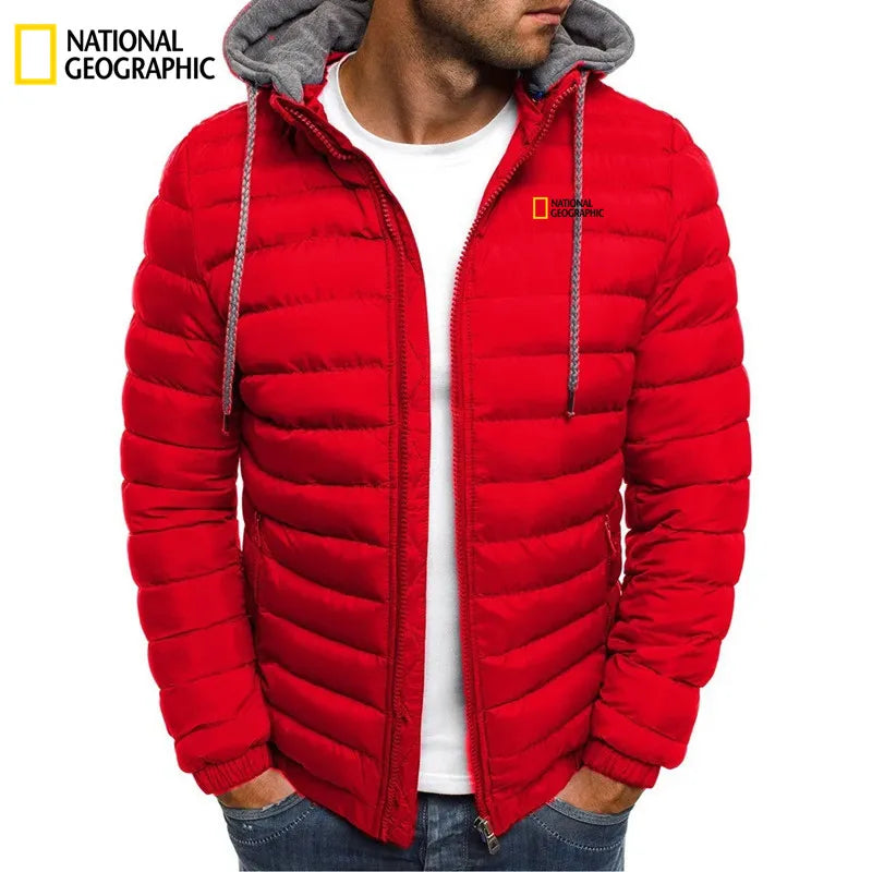 2025 New National Geographic Men's Cotton Padded Coat for Autumn and Winter, Embroidered Warm Hooded Zipper Hooded Coat for Men