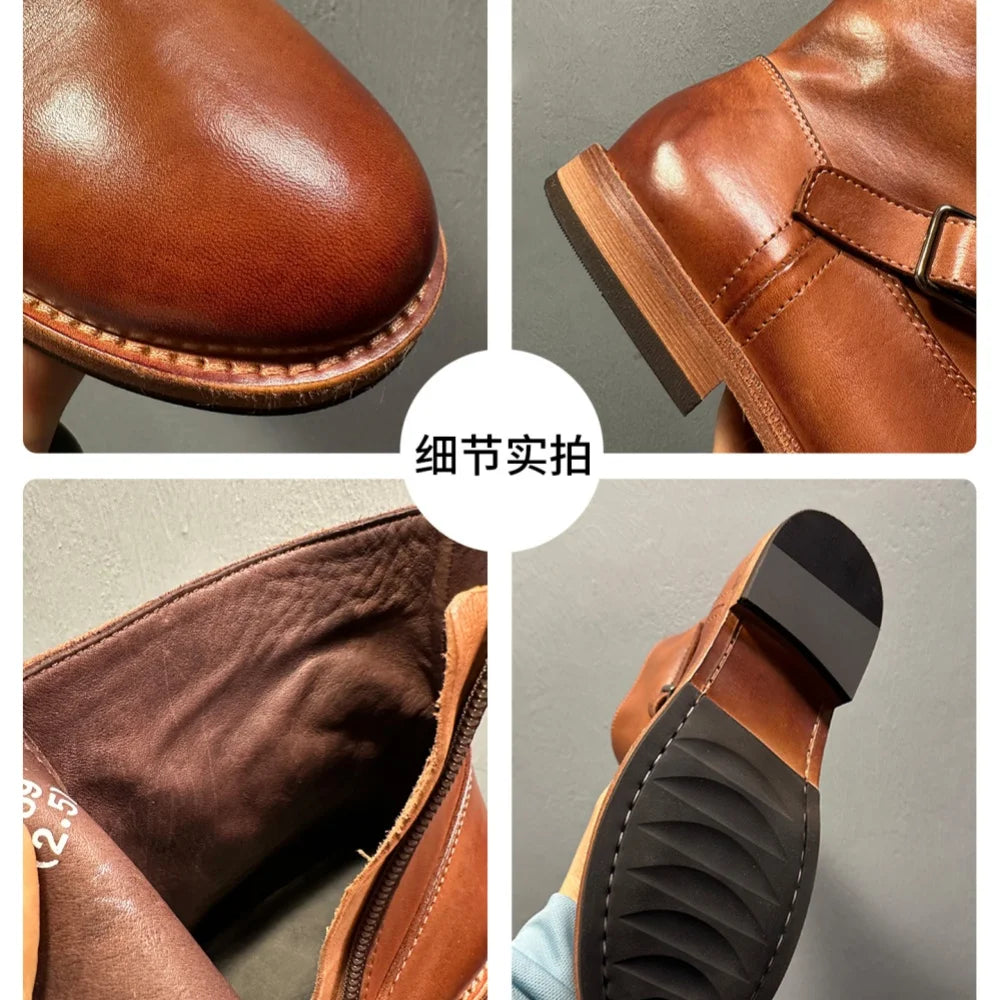 Handmade horsehide casual ankle boots Chelsea boots for men genuine leather sole adjustable strap decoration zip business style