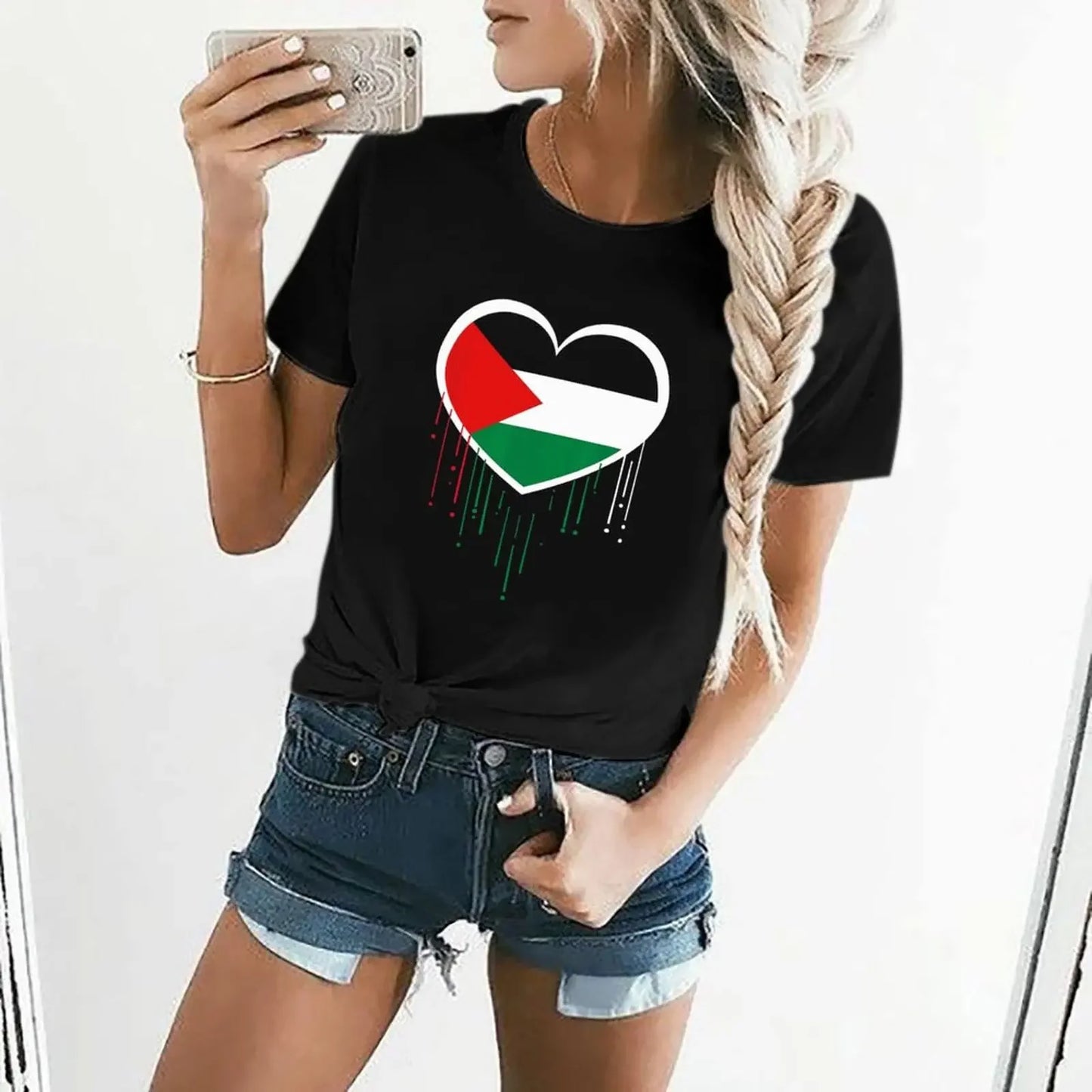 Palestine Flag Proud Palestinian Heritage Heart Premium Print T Shirt Graphic Shirt Casual Short Sleeved Female Tee T-Shirt