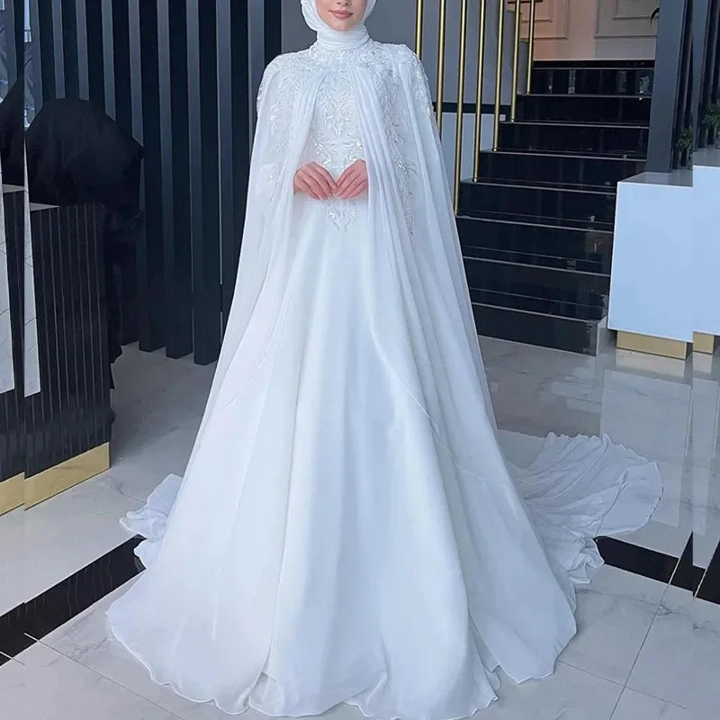Muslim Wedding Dresses Hijab High Neck Long Sleeve A Line Bride Dress Chiffon Pearls Bridal Gown vestidos de novia Customized