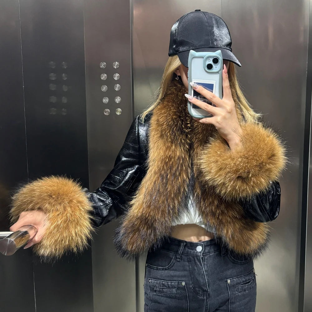 Natural Raccoon Fur Collar Real Leather Jacket Women 2025 Autumn Black Crocodile Textured Leather Jacket Ladies Streetwear