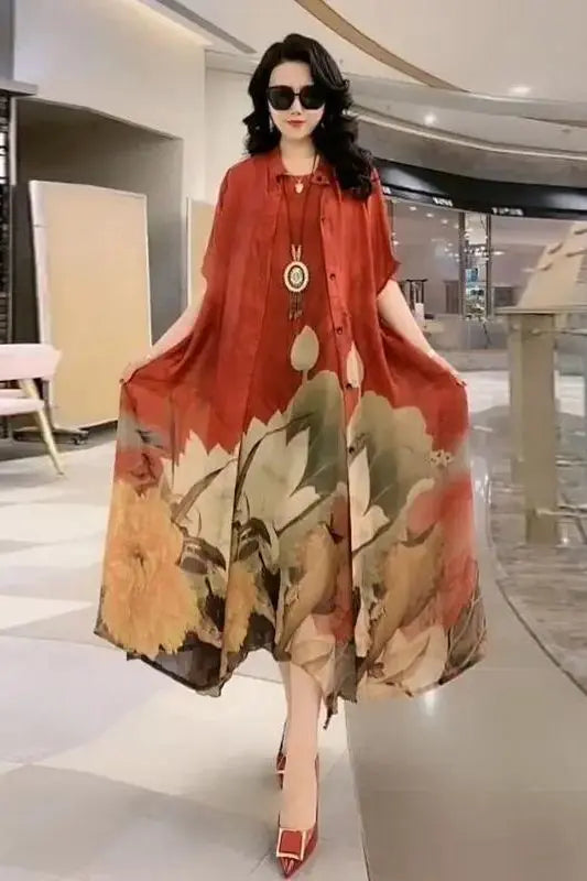 Authentic Silk Dress for Mother, Silkworm Loose Dress, High-End Print, 2-Piece Dress, Women's Dresses, Spring, Summer, New, 2023