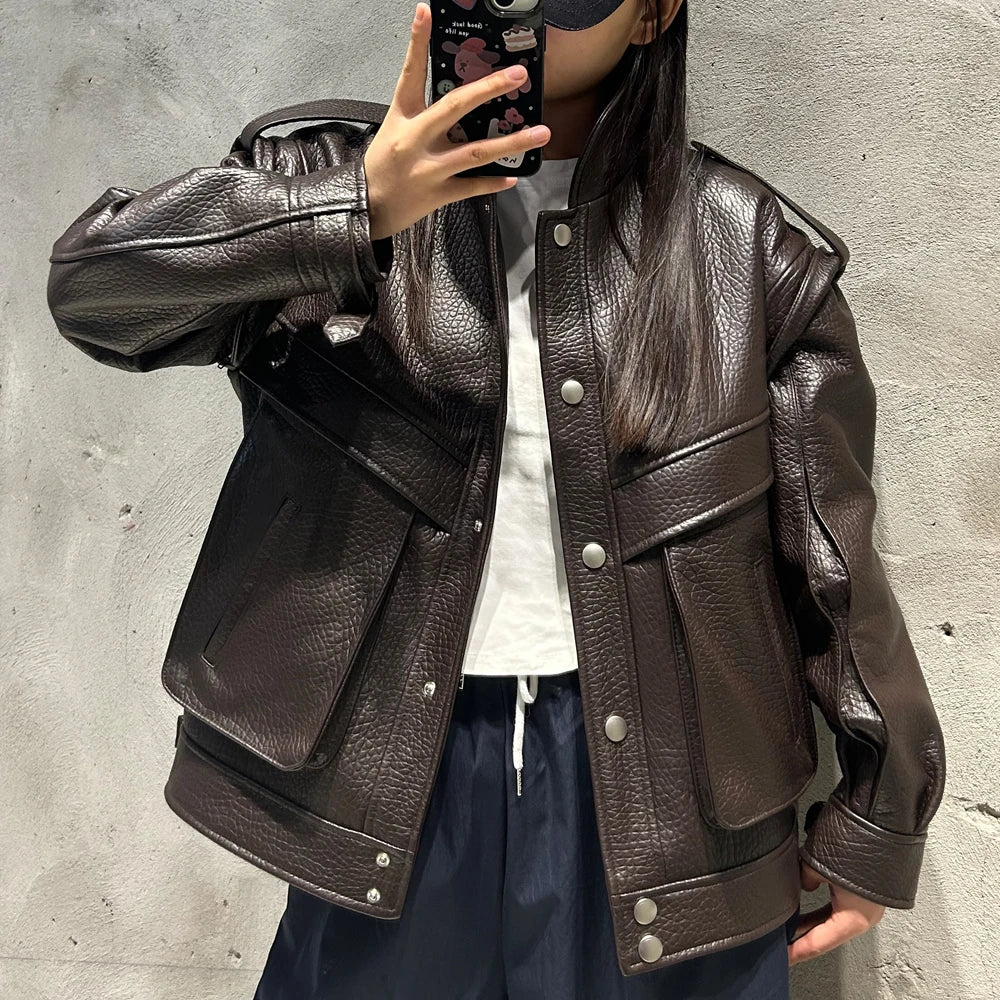 Oversized Brown Grained Letaher Jackets Women Genuine Jacket Sheep Leather Autumn Bomber Leather Jackets