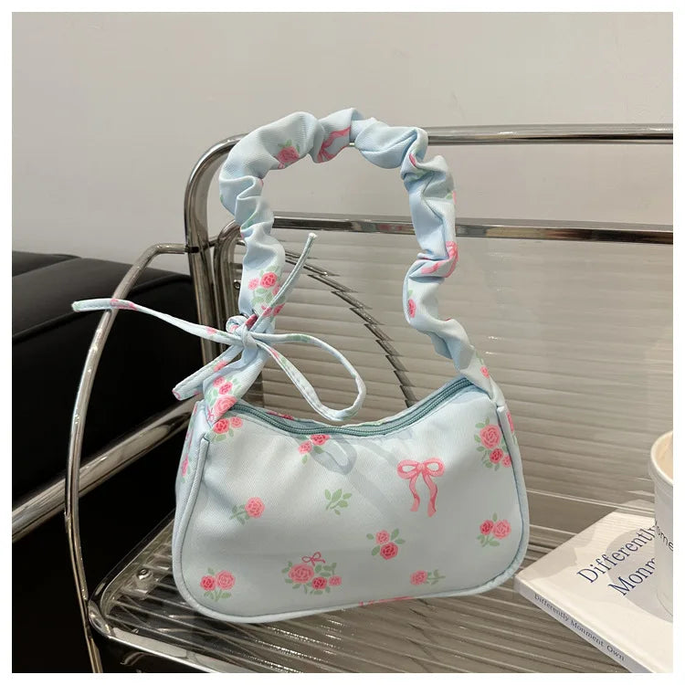Women's Bags New Sweet Print Canvas Handbags Korean Floral Bow Printed Zipper Tote Bag Female Small Shoulder Bag