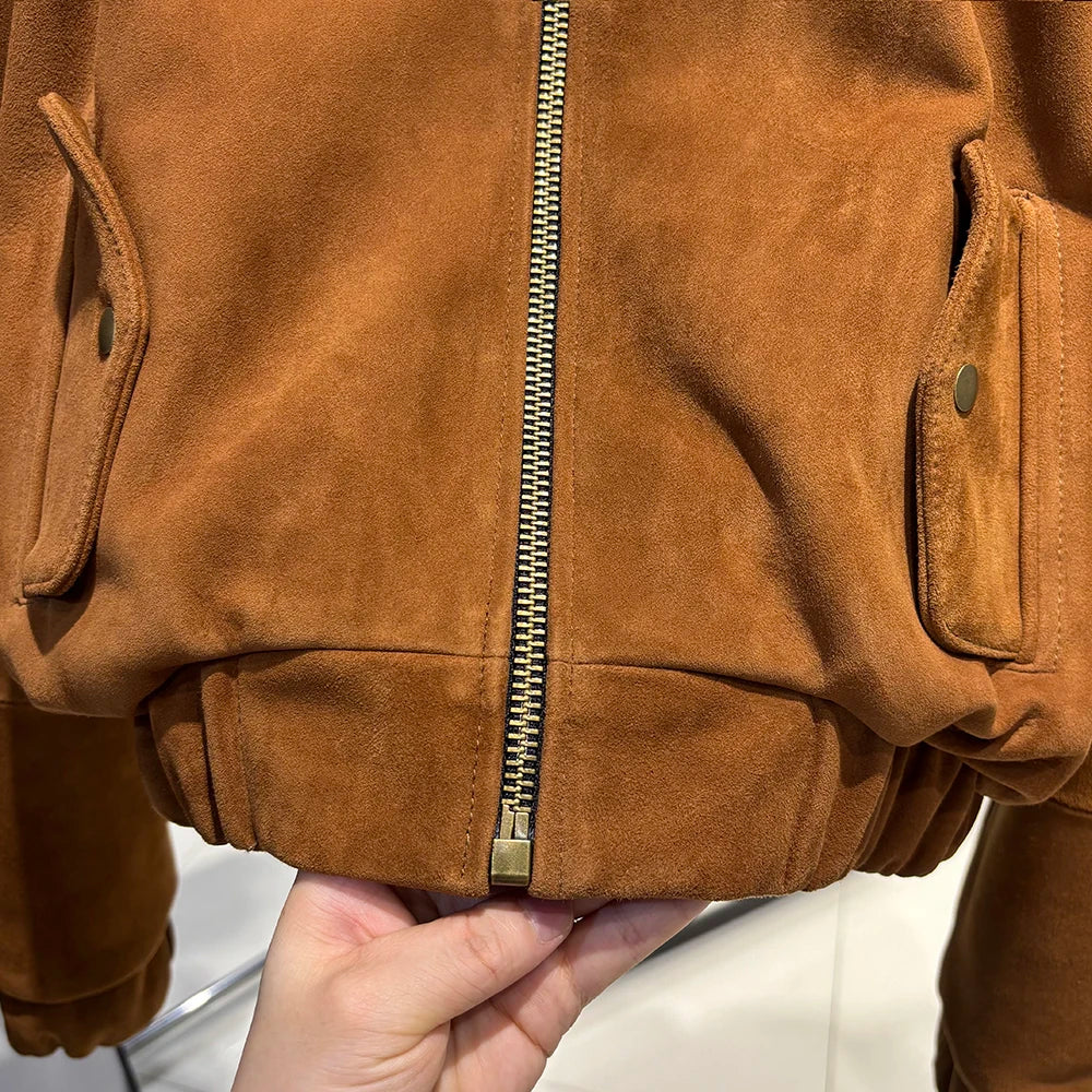 YOLOAgain Suede Leather Jacket Coat Women Real Leather Cropped Jacket Bomber Jacket 2025 Autumn