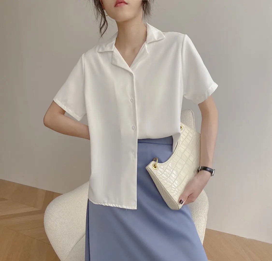 Women Summer Elegant Solid Chiffon Blouses Casual Turn Down Collar Short Sleeve Loose Shirts Korean Chic Top Female Tunic