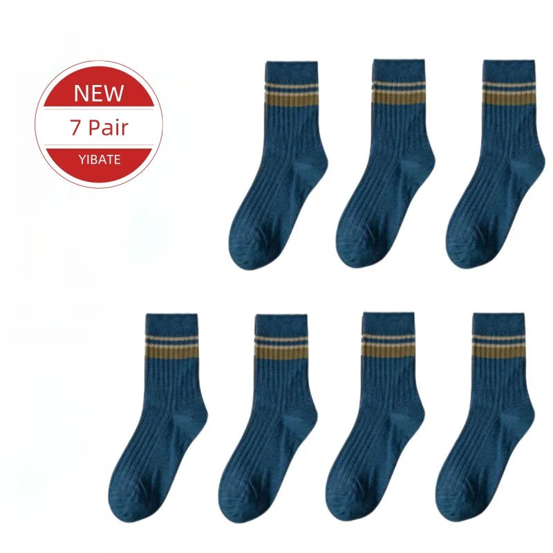 7 Pairs of Men's Striped Socks Fashionable Casual Socks High Quality Harajuku Retro Socks for Men Large Size Long Socks