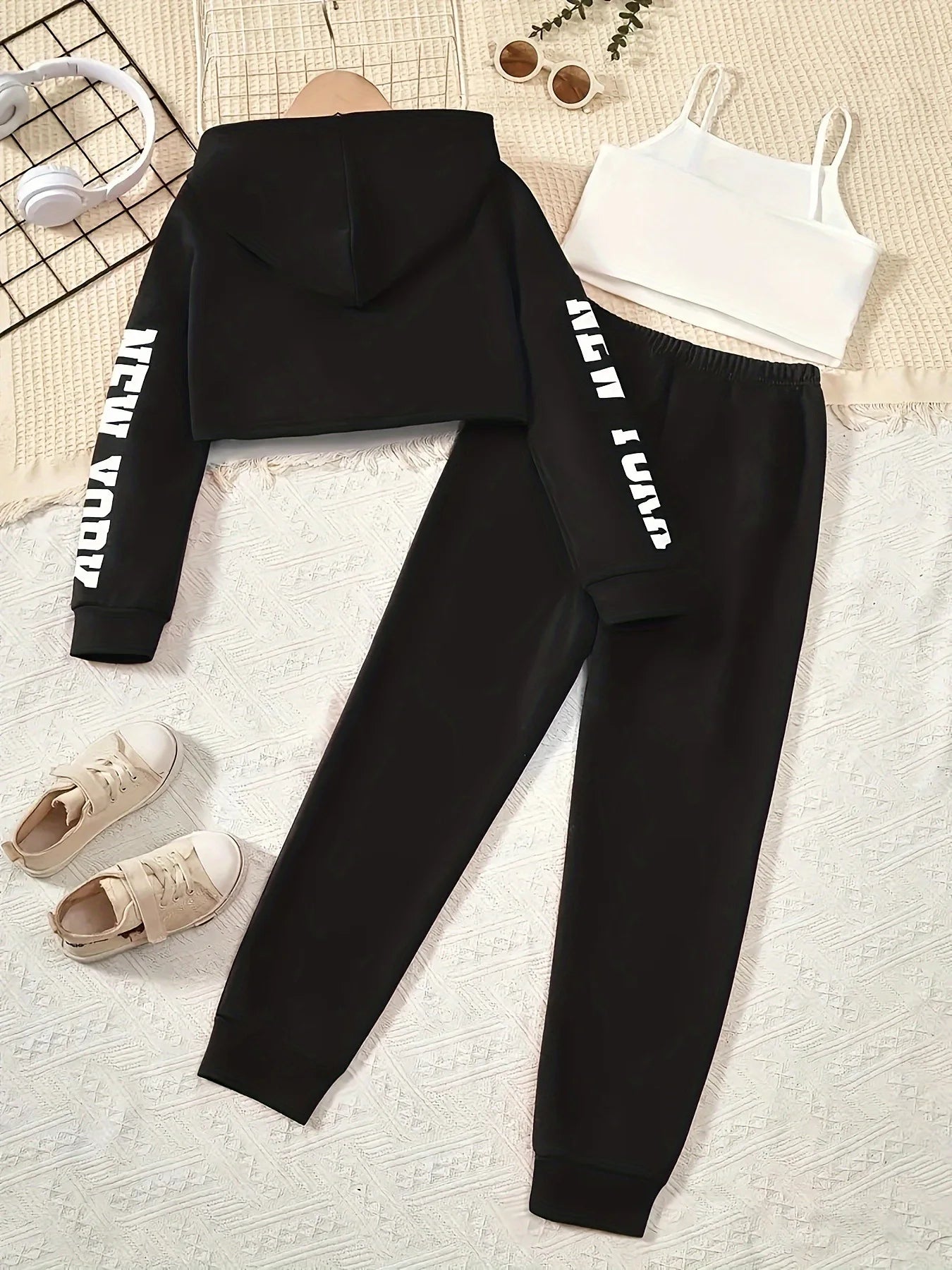 2026 girls clothes spring letter sweatshirt hooded crop top and bottom new york port pants leggings teens child set 4 10 12 year