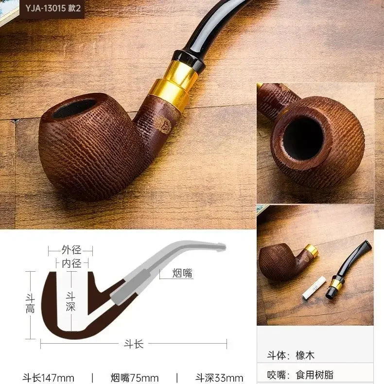 Oak Wood Sandblasted Tobacco Pipe with Gold Silver Band 9mm Filter Straight Bent Smoking Pipe for Men Gift Accessories