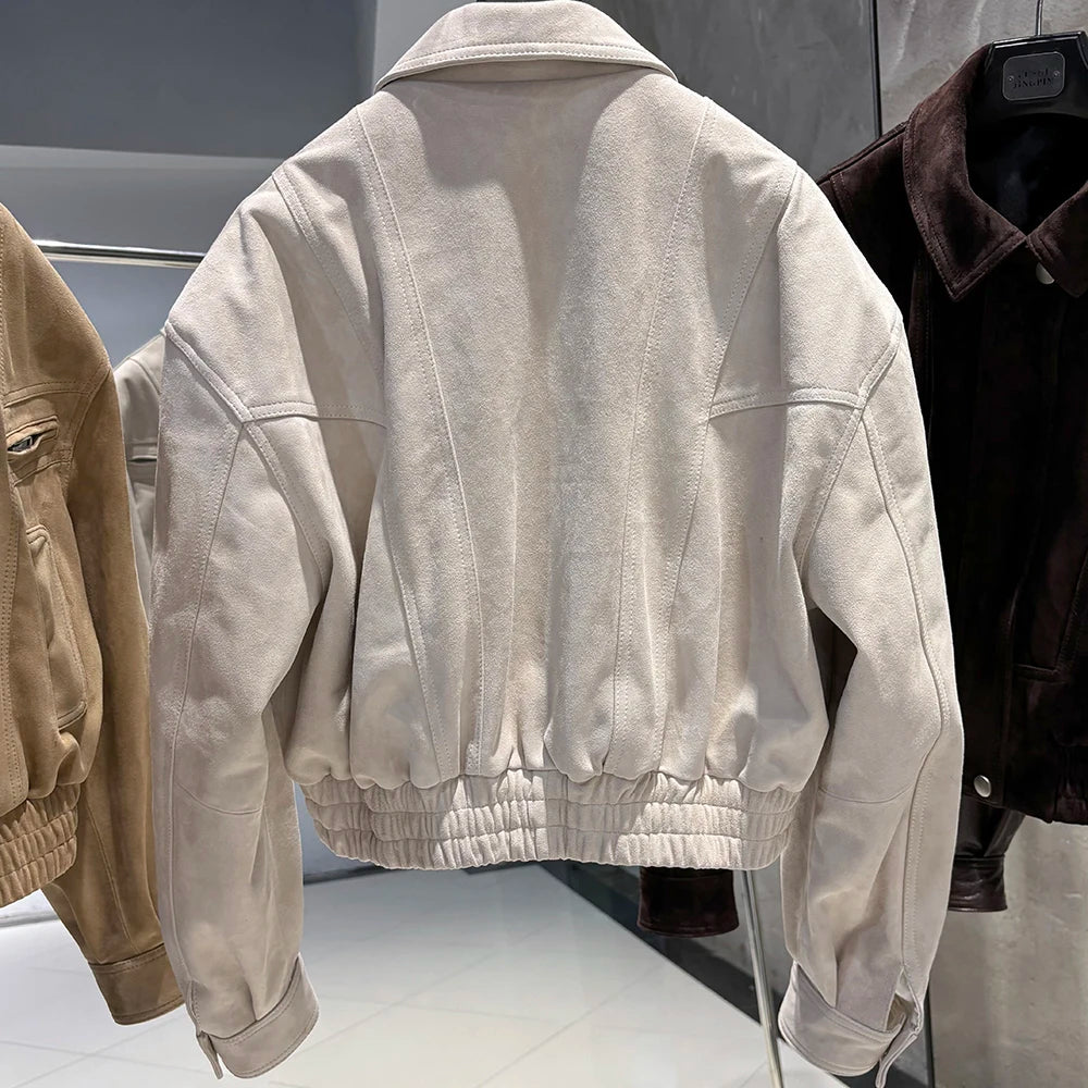 YOLOAgain 2025 Autumn Oversized Suede Jacket Women Real Leather Bomber Jacket Female