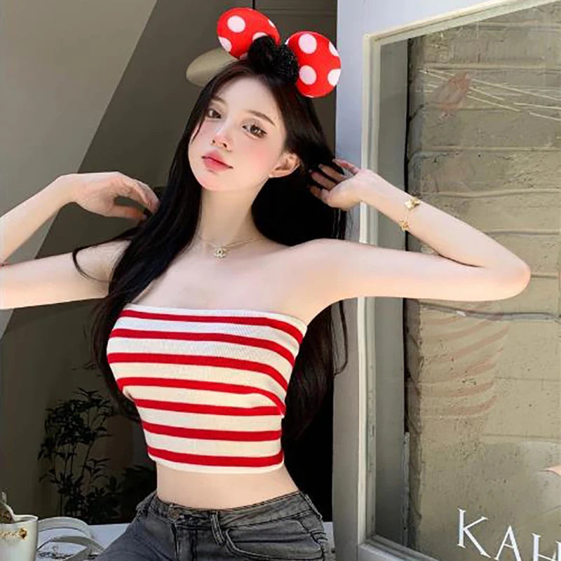 Summer Sexy Spice Retro Striped Tank Top Women Outer Wear Short Sleeveless Tops New Bustier